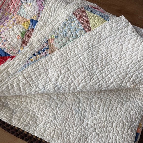 Vintage Antique 40s Hand-Sewn Multicolor Spider Web Feedsack Quilt ~ 65 x 86 - Picture 5 of 7